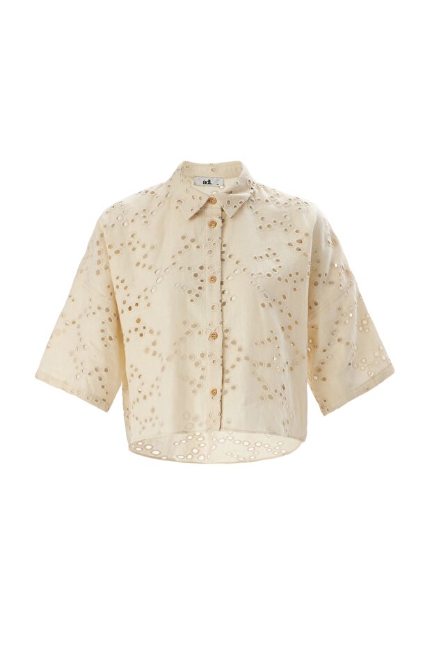 Dirsek Kol Nakışlı Keten Gömlek - 7