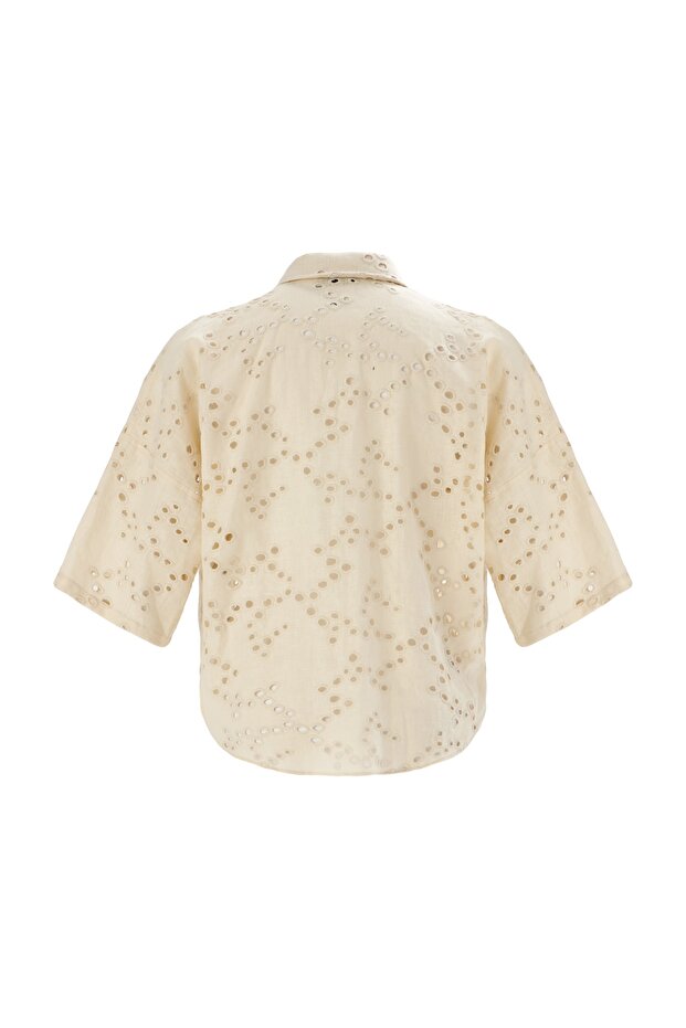 Dirsek Kol Nakışlı Keten Gömlek - 8