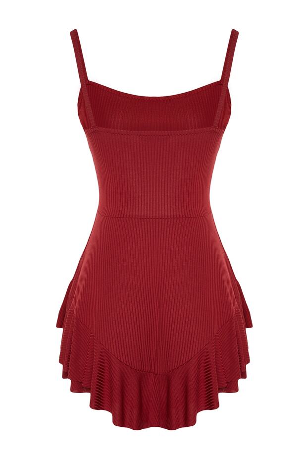 Kırmızı Askılı Volanlı Şortlu Mini Örme Tulum TWOSS23TU00044 - 9