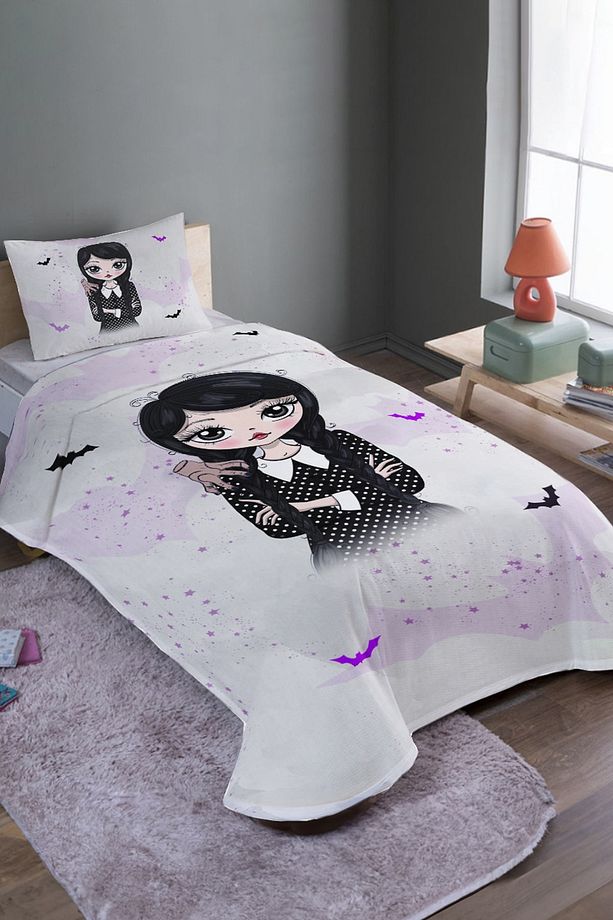 Gri Wednesday Ve Şey Desenli Tek Kişilik Pike Takımı Ve Yatak Örtüsü - 1