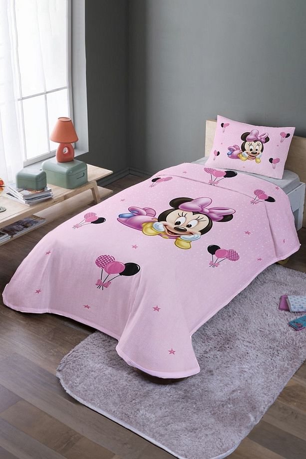Pembe Balonlu Minnie Desenli Tek Kişilik Pike Takımı Ve Yatak Örtüsü - 1