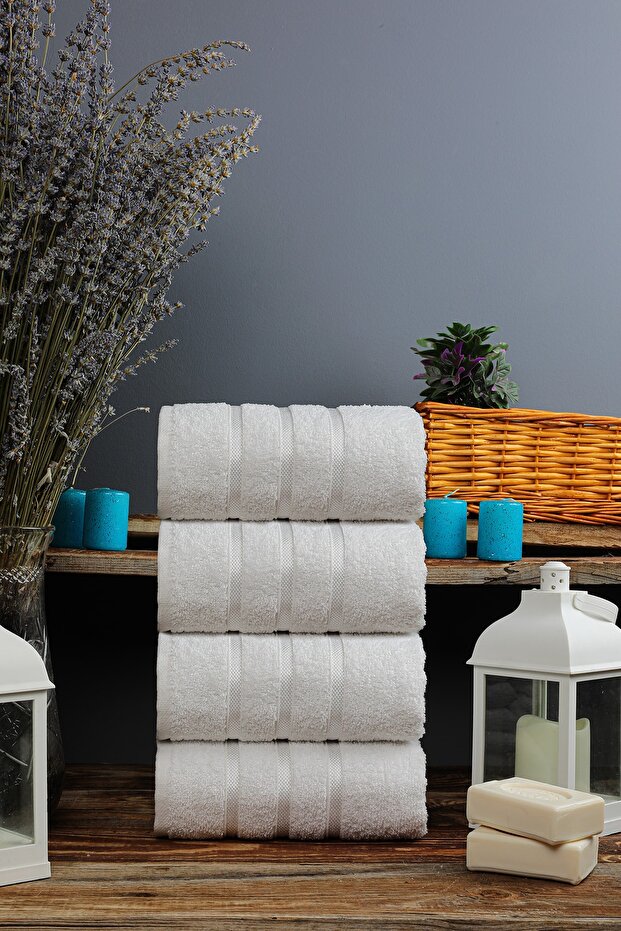 100% Cotton White 4-Piece Hand/Face Towels -Diamond-