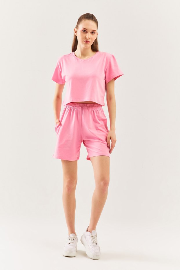 Pink Comfortable 100% Cotton Combed Cotton Short Trendy Women's Shorts with Elastic Waist Waist Pocket