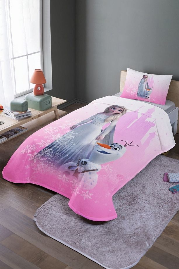 Pembe Rüya Kalesi Elsa Ve Olaf Desenli Tek Kişilik Pike Takımı Ve Yatak Örtüsü - 1