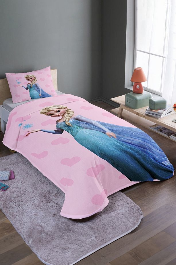 Yeni Pembe Elsa Desenli Tek Kişilik Pike Takımı Ve Yatak Örtüsü - 2