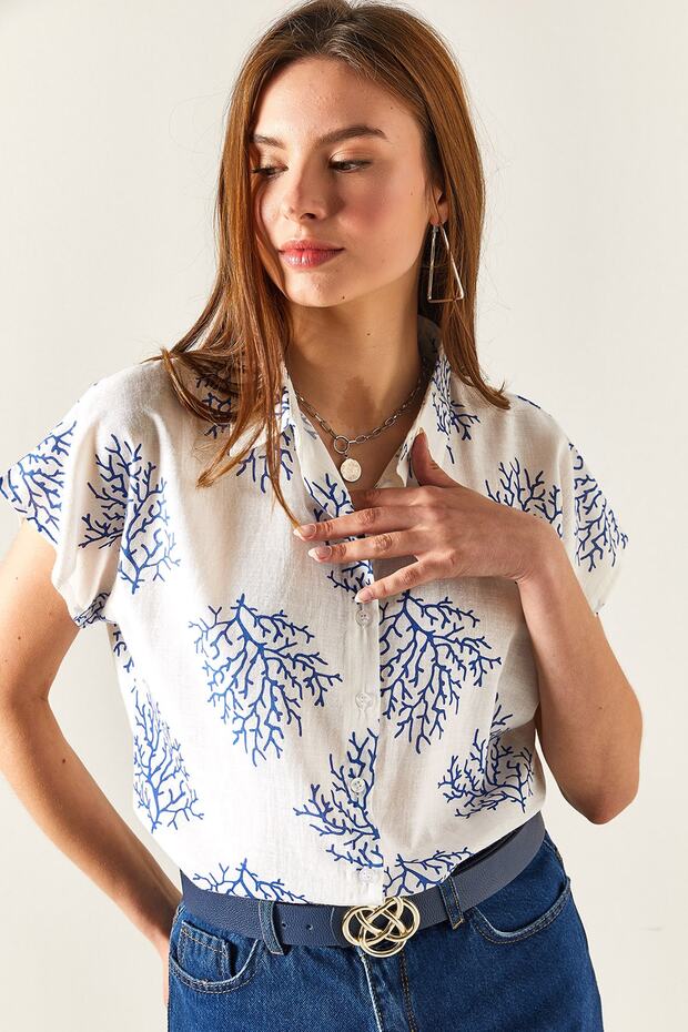 Women's Bush Blue Patterned Linen Bat Shirt GML-19001129