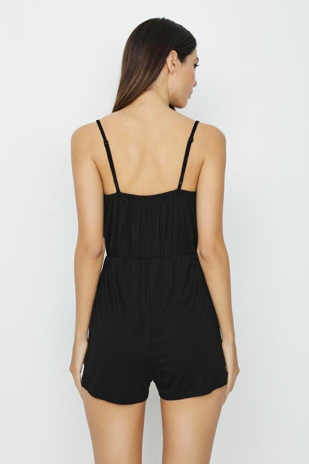 Kadın Siyah V Yaka Askılı Tulum - 7