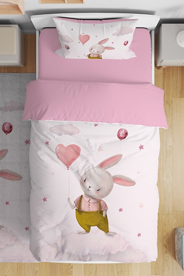 Balloon Rabbit Patterned Single Baby Kids Bedding Set