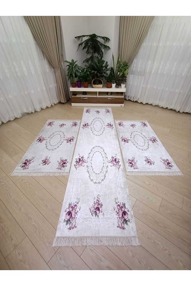 Yıkanabilir Halı Seti 3 'lü Yatak Odası Yolluk Takımı 2 Adet 80x150 1 Adet 80x300 Cm Halı Set - 1