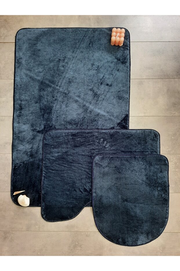 Ultrasoft Plain Navy Blue 3-Piece Bathroom Rug Mat Set Non-Slip Leather Based Washable Toilet Seat Set