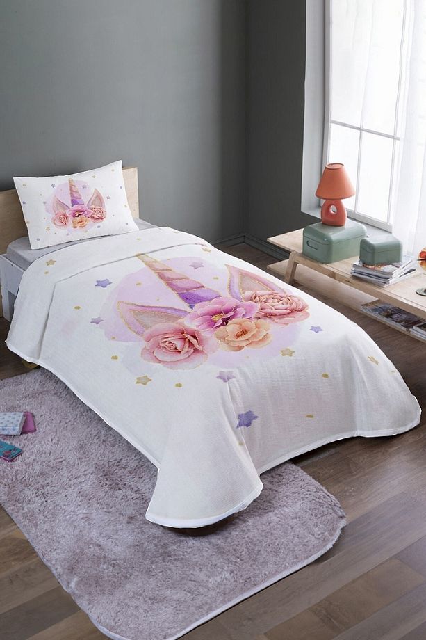 Altın Güller Unicorn Taçı Desenli Tek Kişilik Pike Takımı Ve Yatak Örtüsü - 2