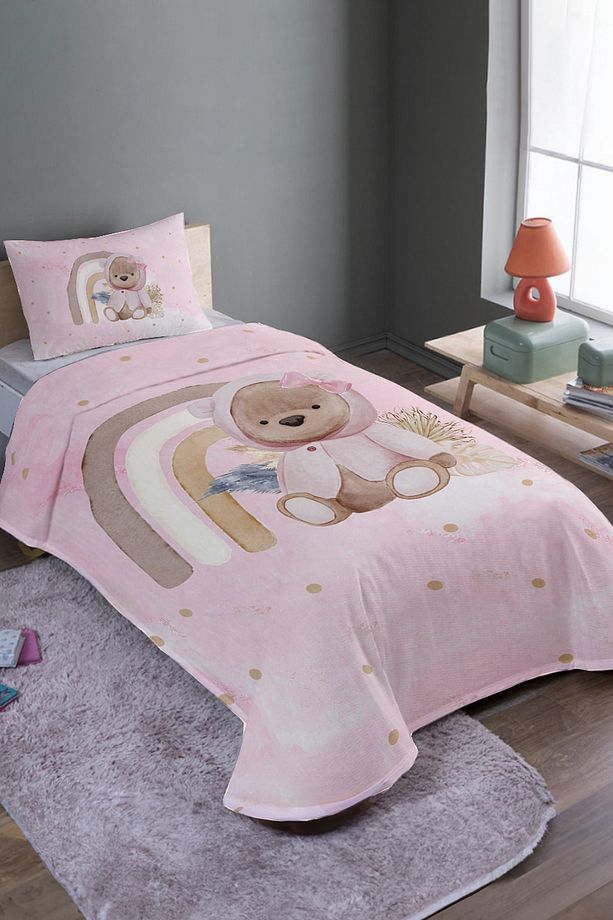 Pembe Ayıcık Desenli Tek Kişilik Pike Takımı Ve Yatak Örtüsü - 1