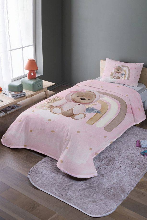 Pembe Ayıcık Desenli Tek Kişilik Pike Takımı Ve Yatak Örtüsü - 2