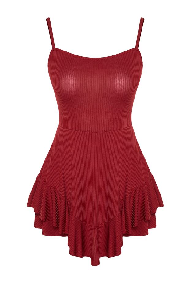 Kırmızı Askılı Volanlı Şortlu Mini Örme Tulum TWOSS23TU00044 - 7