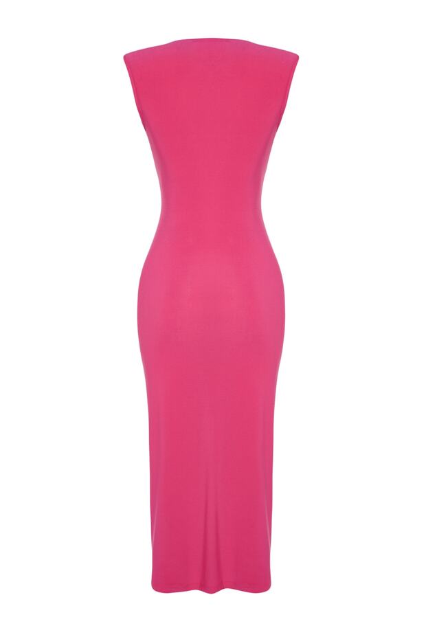 Fuşya Büzgülü Fitted/Vücuda Oturan Midi Örme Esnek Kalem Elbise TWOSS23EL00751 - 8