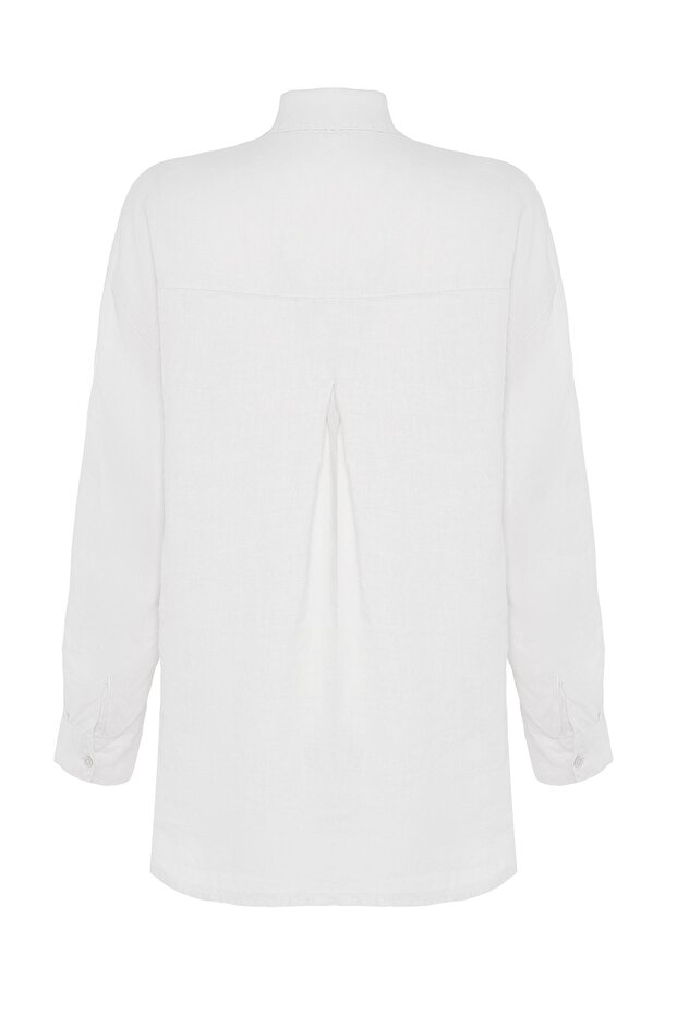 Beyaz %100 Keten Oversize Gömlek TWOSS23GO00443 - 7