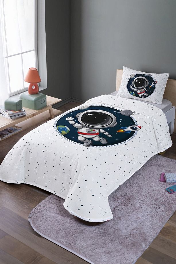 Maceracı Minik Astronot Desenli Tek Kişilik Pike Takımı Ve Yatak Örtüsü - 1