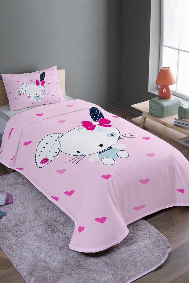 Pembe Bez Tavşan Desenli Tek Kişilik Pike Takımı Ve Yatak Örtüsü - 1
