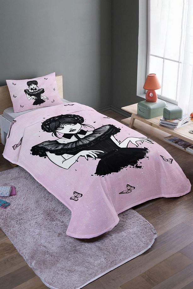 Pembe Wednesday Desenli Tek Kişilik Pike Takımı Ve Yatak Örtüsü - 1