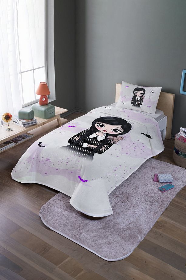 Gri Wednesday Ve Şey Desenli Tek Kişilik Pike Takımı Ve Yatak Örtüsü - 2