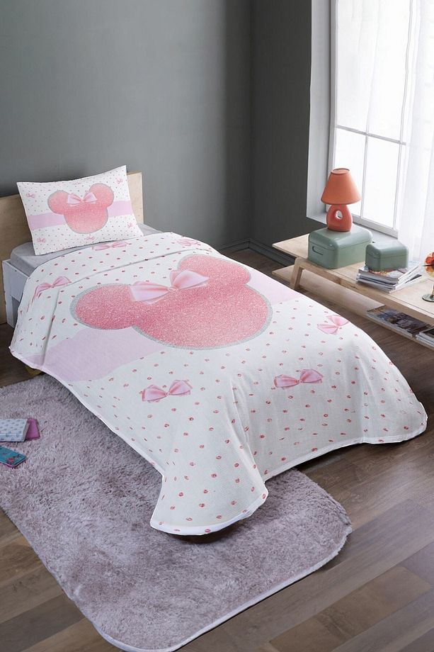 Pembe Puantiyeli Mickey Desenli Tek Kişilik Pike Takımı Ve Yatak Örtüsü - 2