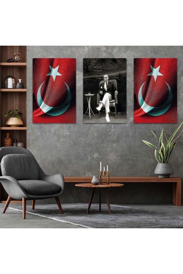 Triple Mdf Turkish Flag and Atatürk Painting Set