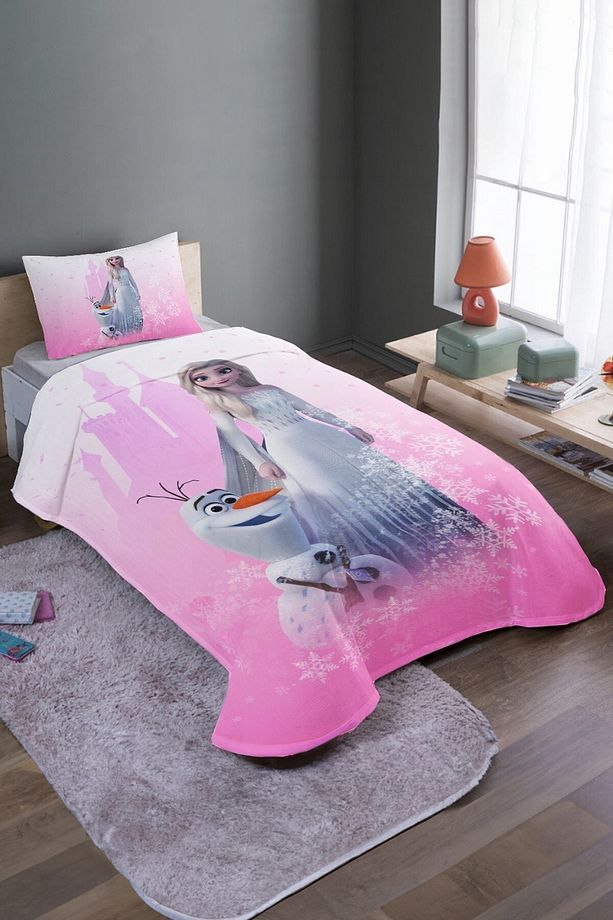 Pembe Rüya Kalesi Elsa Ve Olaf Desenli Tek Kişilik Pike Takımı Ve Yatak Örtüsü - 2