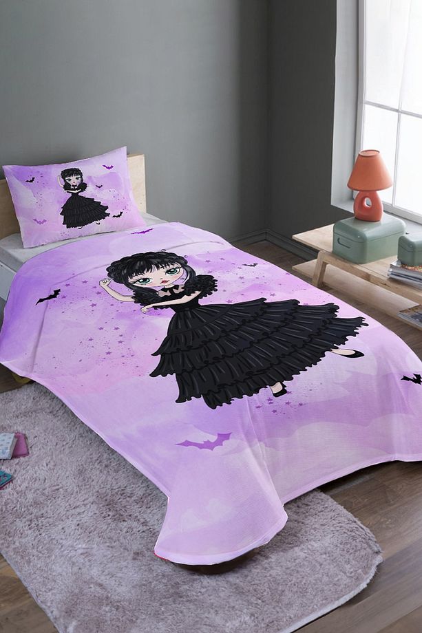 Çizgi Pembe Danscı Wednesday Desenli Tek Kişilik Pike Takımı Ve Yatak Örtüsü - 1