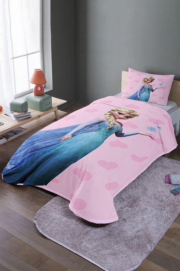 Yeni Pembe Elsa Desenli Tek Kişilik Pike Takımı Ve Yatak Örtüsü - 1