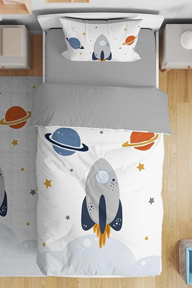 Rocket and Space Patterned Single Baby Kids Duvet Cover Set