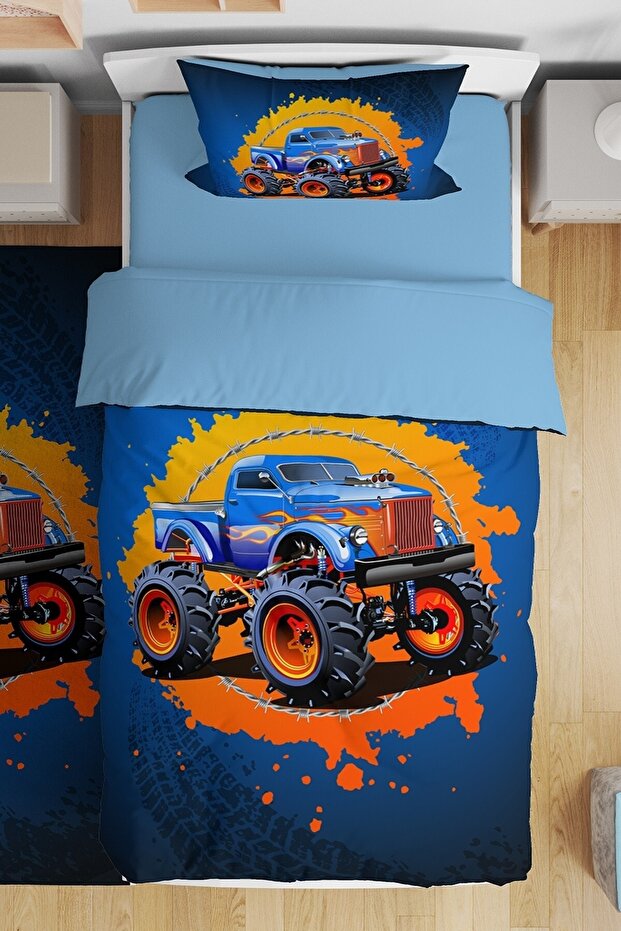 Blue Fire Monster Truck Patterned Single Baby Kids Bedding Set