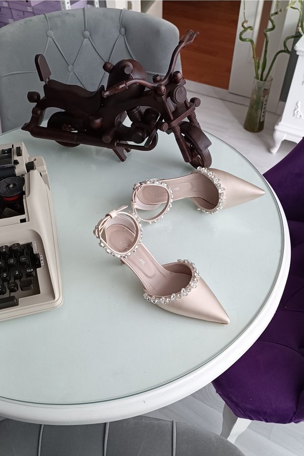 Skin Satin 6cm Champagne Heels with Ankle Belt Double Waterway Stone Evening Dress Stiletto Women's Shoes