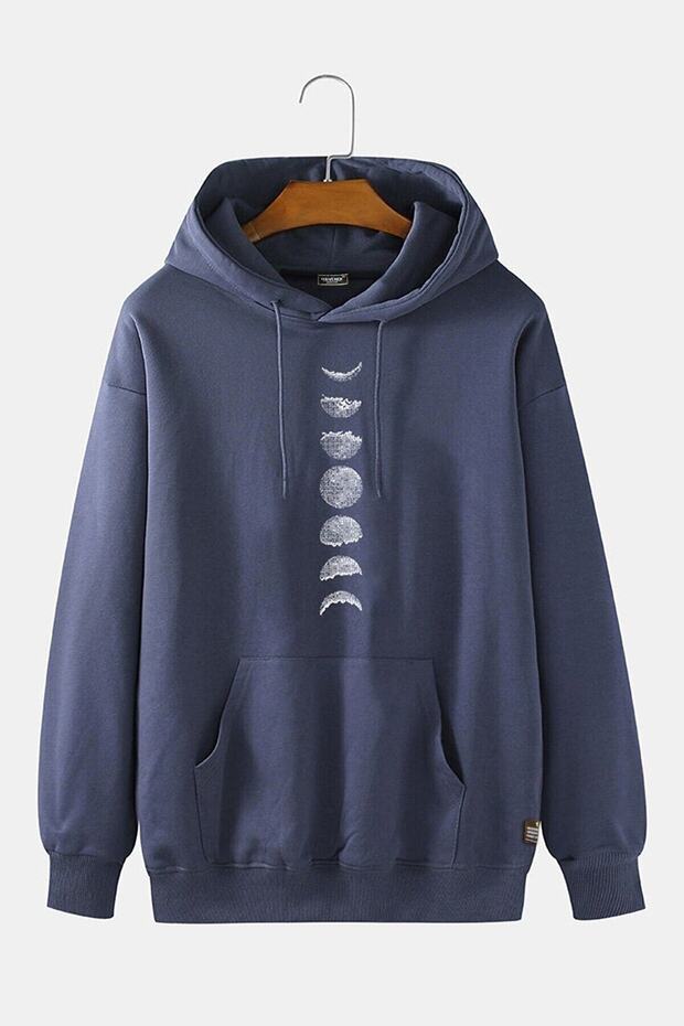 TRENDPUNKY MEN'S Navy Blue Moon Printed Hooded Kangaroo Pocket SWEET