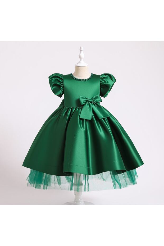 Girls' Front and Back Bow Detail Pearl-Embellished Collar Ball, Party, Graduation, Birthday Dress