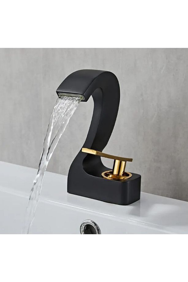 Siyah Gold Güverte Monte Tek Delik Şelale Havza Banyo Lavabo Musluğu Sıcak ve Soğuk - 1