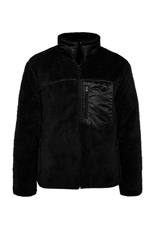 Siyah Regular Fit Etiket Detaylı Welsoft Peluş Kışlık Mont TMNAW24MO00007 - 6