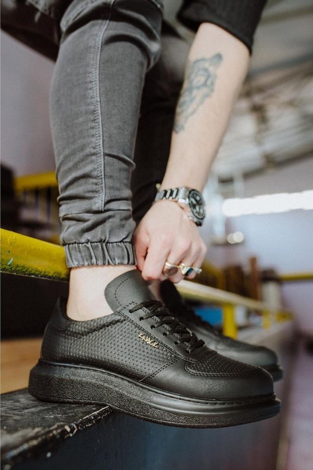 P042 Bağcıklı Yüksek/kalın Ortopedik Taban Erkek Sneaker Spor Ayakkabı St Siyah - 5