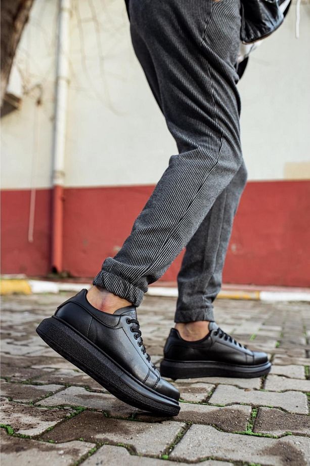 P044 Bağcıklı Yüksek/kalın Ortopedik Taban Erkek Sneaker Spor Ayakkabı St Siyah - 3