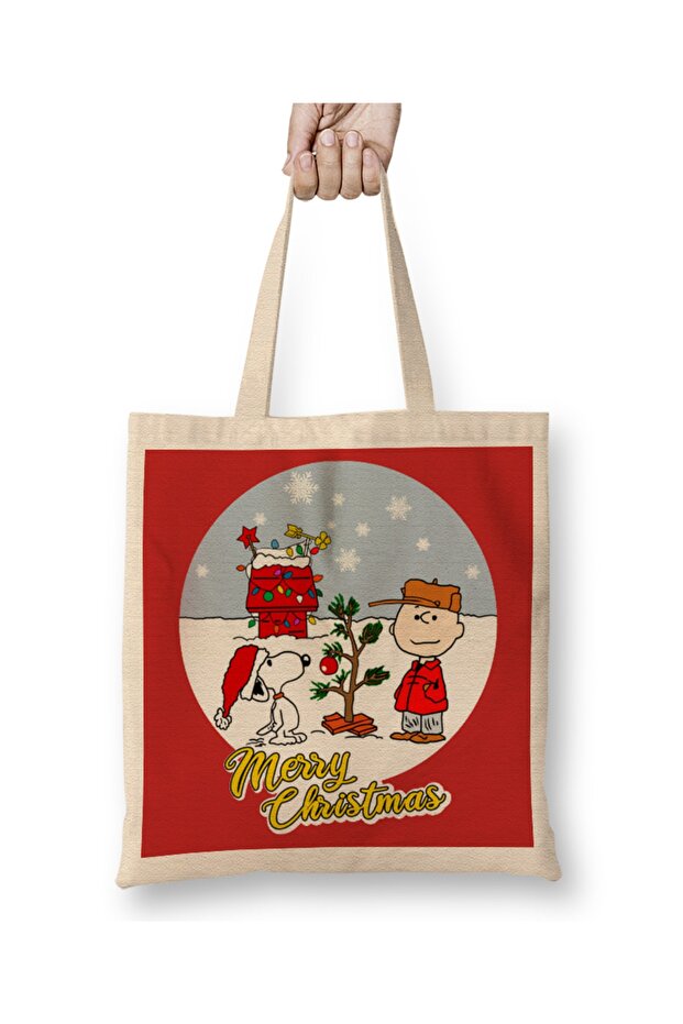 New Year New Year Concept Charlie Brown And Snoopy Merry Christmas Cloth Bag Long Handle