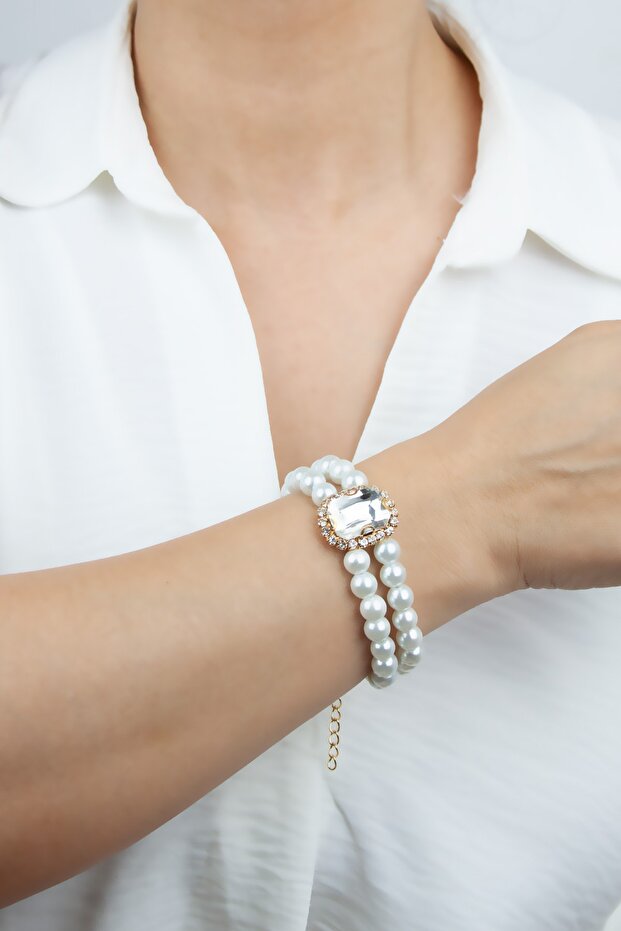 Crystal Jewelled Glass Pearl Double Row Bracelet