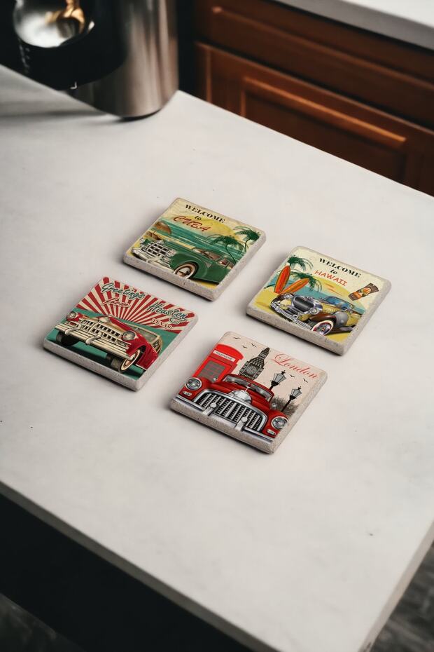 Cities and Classic Cars Natural Stone Travertine Coasters Set of 4