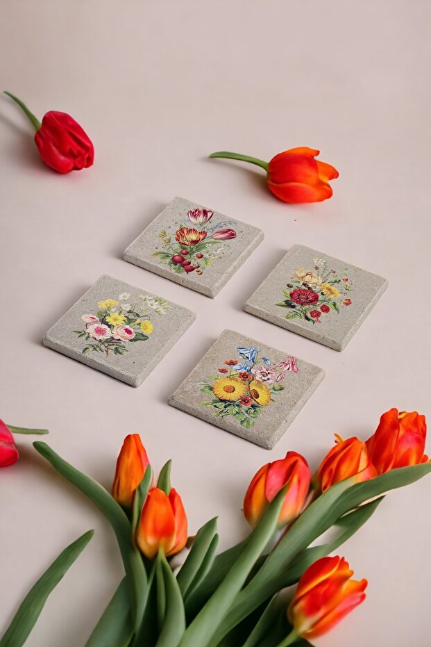 Flower Bouquet Printed Natural Stone Travertine Coasters Set of 4