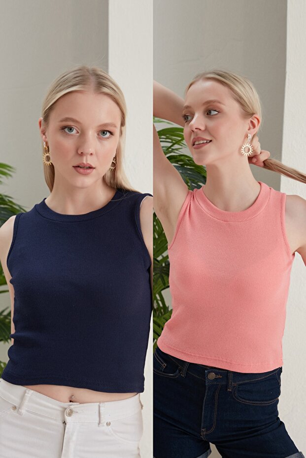 Women's Navy Blue Powder Halter Neck 2-Piece Crop Blouse