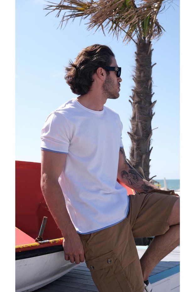 Men's Crew Neck Combination Detailed Cotton Thin Knitwear T-shirt White 23s2005