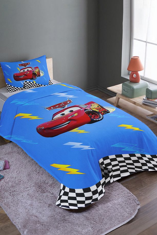 Yarış Mavi Mcqueen Desenli Tek Kişilik Pike Takımı ve Yatak Örtüsü - 1