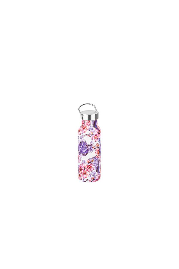 035-01-ÇİÇEK DESENLİ TUTACAKLI LACİVERT PASLANMAZ ÇELİK SU ŞİŞESİ 500ML - 1