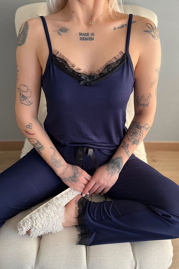 Kadın Lacivert Dantelli Ip Askılı Örme Pijama Takımı - 6