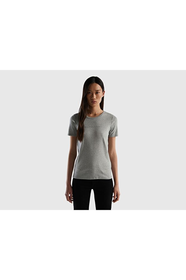 Women's Gray Melange Benetton Written Basic Tshirt Gray Melange
