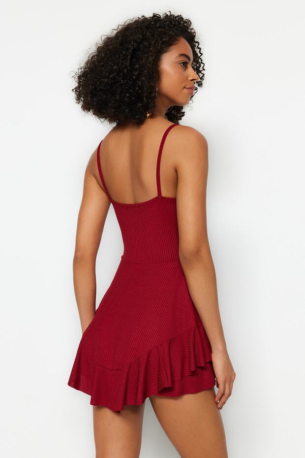 Kırmızı Askılı Volanlı Şortlu Mini Örme Tulum TWOSS23TU00044 - 6