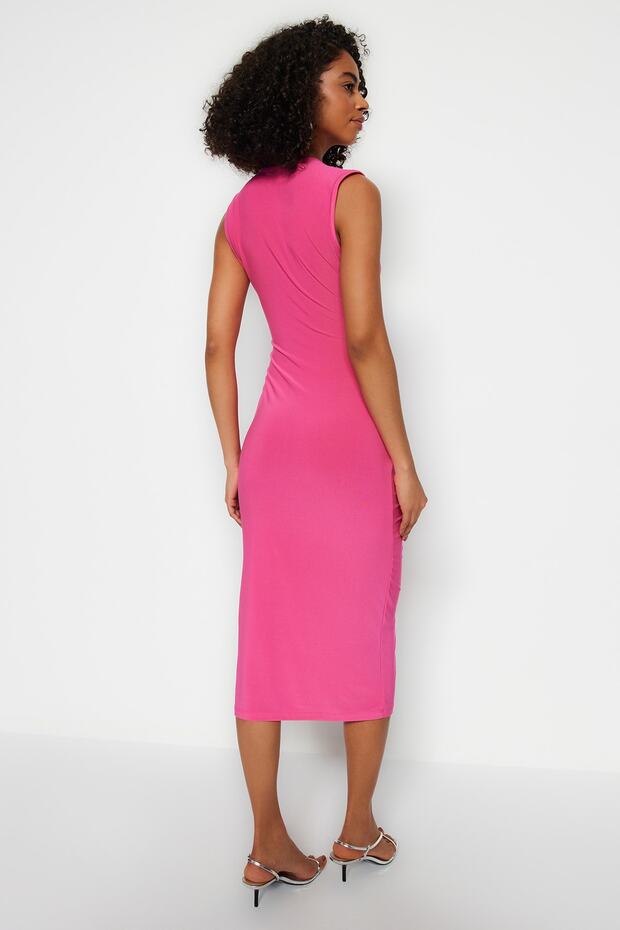 Fuşya Büzgülü Fitted/Vücuda Oturan Midi Örme Esnek Kalem Elbise TWOSS23EL00751 - 6
